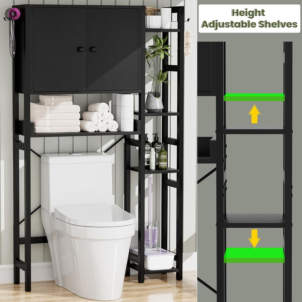 Over The Toilet Storage Cabinet with Doors - 7 Tier Bathroom Organizer with Adjustable Shelf, Freestanding Space Saver Rack Above Toilet Stand with 4 Hooks for Bathroom, Restroom, Laundry, Black