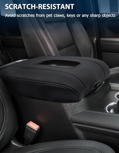 Center Console Armrest Cover for Chevy Silverado 1500 Accessories & GMC Sierra 2019-2026, Yukon & Tahoe & Suburban 2021-2026, Bucket Seat, PU Leather Middle Console Lid Cover Pad, Black-Blue Stitch