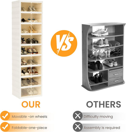 Foldable Shoe Organizer Storage Box, Portable Extra Large Folding Shoe Rack for Closet, Shoe Storage Box with Magnetic Transparent Door and Wheels, 9 Layers 18 Grids