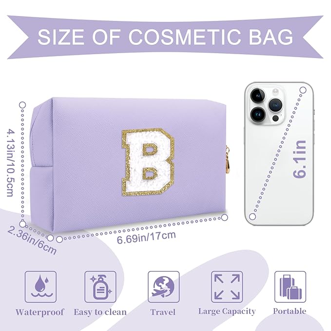 Personalized Makeup Bag Initial A-Z Preppy Patch Bag,Small PU Leather Travel Cosmetic Bag Pouch with Zipper,Purple Cute Toiletry Bag,Gift Ideal for Teen Girls Women Birthday Friend Mom,Latter B