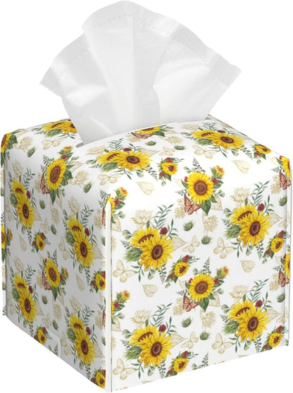 Sunflower Bouquets and Butterflies Tissue Box Cover Square Leather Tissue Holder Waterproof Facial Paper Organizer Dispenser Cube Paper Cover Case for Home Office Bathroom Vanity Countertop