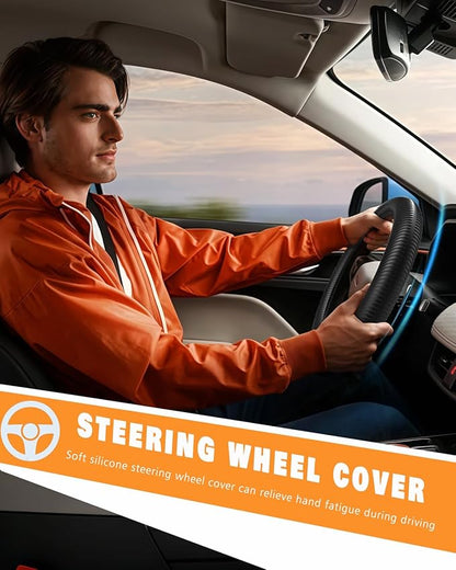 WOCOCN Car Steering Wheel Cover, Thin Anti-Skid Silicone Steering Wheel Cover for Men & Women, Universal Automotive Interior Accessories for Most Cars (Black)