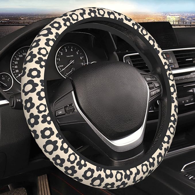 Flowers Vintage Groovy Steering Wheel Cover Universal 15 Inch Cute Car Accessories Protector for Women Men