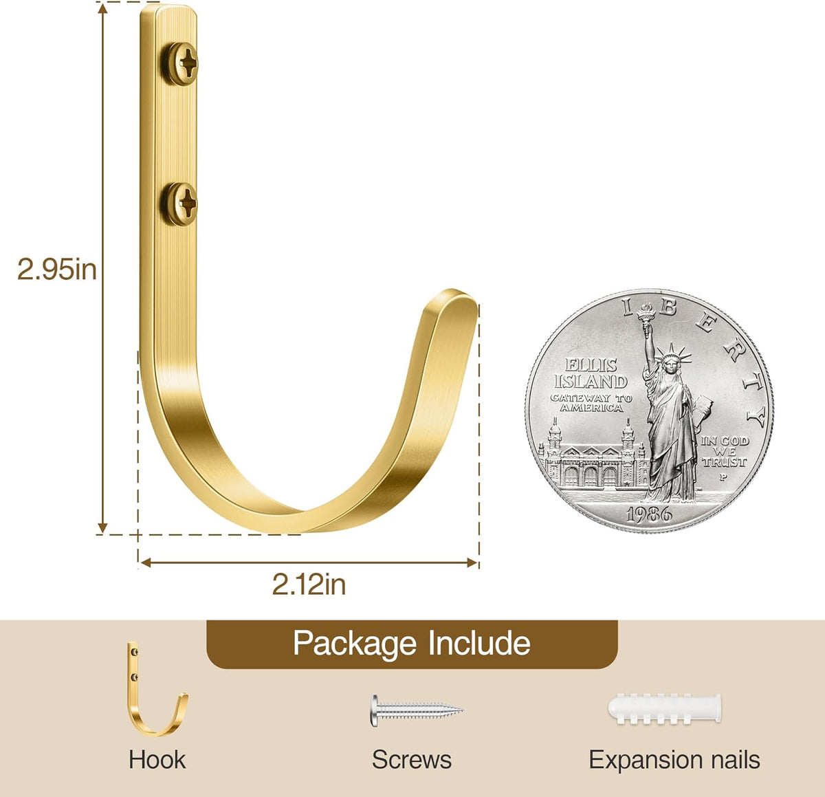 Wall Hooks for Hanging Towel/Coat - 22LB Screw in Metal Hanger Wall Mount, for Outdoor, Closet, Door, Bathrooms, for Backpack, Robe, Brushed Gold 5 Pack