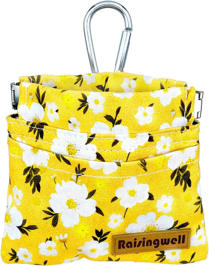Dog Treat Pouch, Pocket Sized Pet Training Pouch, Cotton Fabric, Hand Free Yellow Flower Dog Walking Bag with Carabiner, Self-Closing Pet Feed Snack Reward, for Puppy Travel or Outdoor Use