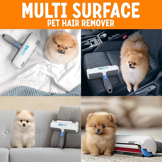 Triton Pet Hair Removal Tool w/Fur Trapping Compartment and Detachable Handle, 60% Smaller Storage Size, Reusable Shedding Roller, Cat and Dog Hair Remover for Car, Furniture, Carpet (Gray/White)
