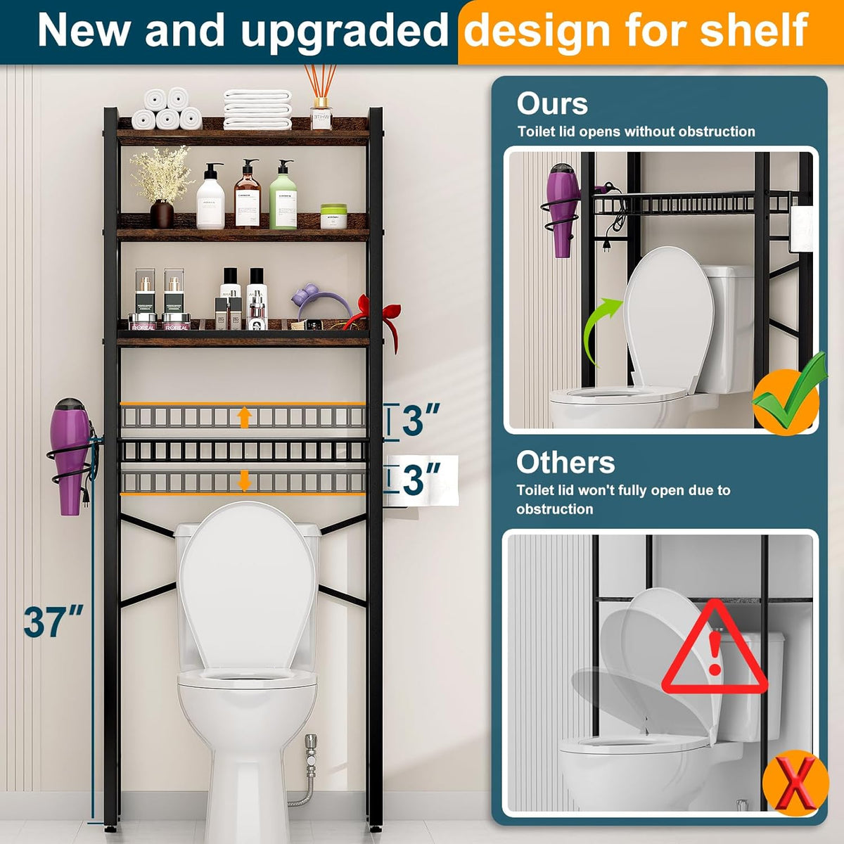 Over The Toilet Storage Cabinet,4 Tier Bathroom Organizers and Storage With Adjustable Shelf Waterproof Feet Pad and Basket ,Multifunctional Space Saver Freestanding Bathroom Shelves With Dividers