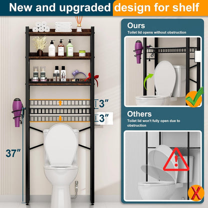 Over The Toilet Storage Cabinet,4 Tier Bathroom Organizers and Storage With Adjustable Shelf Waterproof Feet Pad and Basket ,Multifunctional Space Saver Freestanding Bathroom Shelves With Dividers