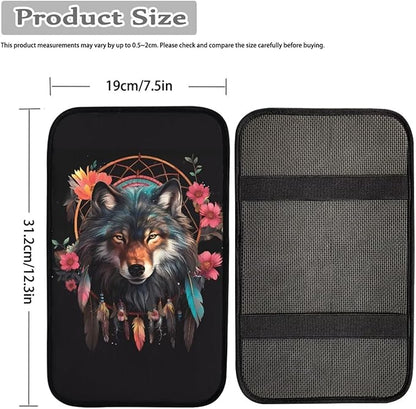 Dreamcatcher Wolf Floral Print Car Center Console Cover,Universal Armrest Cover Pads for Most Cars,SUV