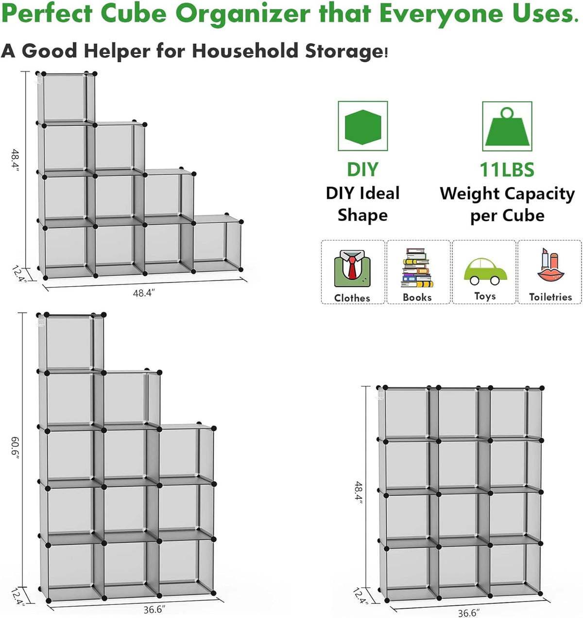 C&AHOME Cube Storage Organizer, 12-Cube Shelves Units, Closet Cabinet, DIY Plastic Modular Book Shelf, Ideal for Bedroom, Living Room, Office, 36.6" L x 12.4" W x 48.4" H Grey UPCS12G