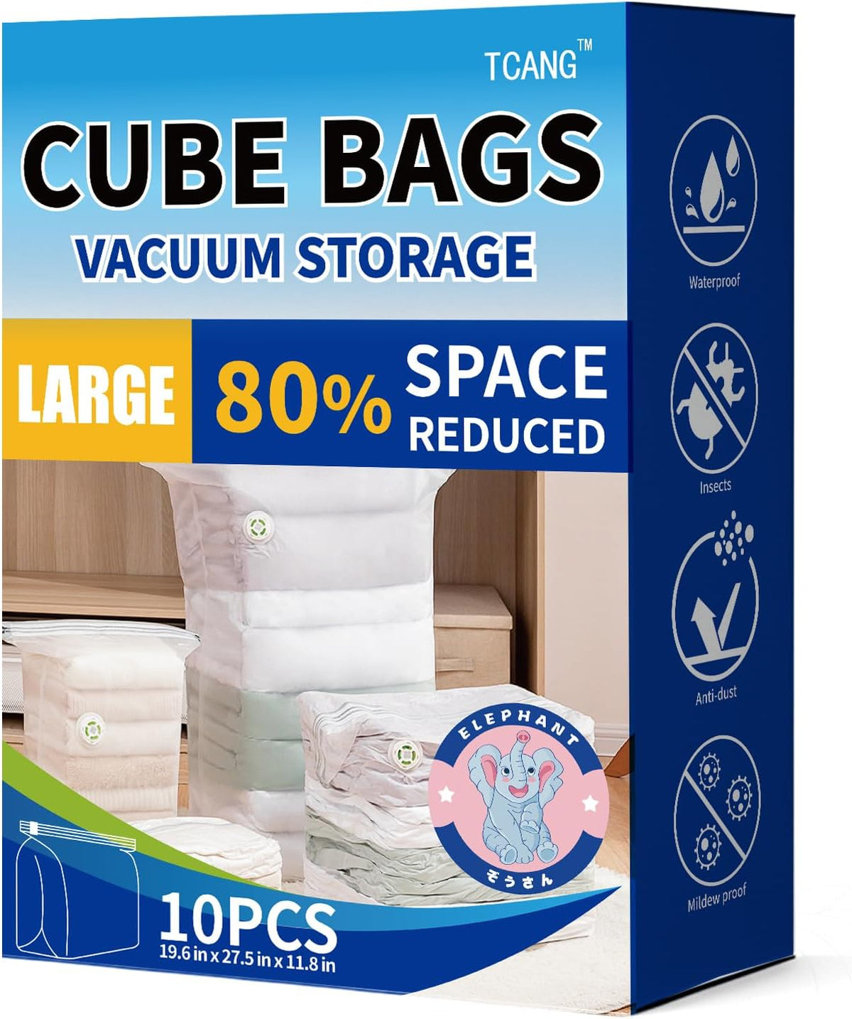 10 Pack Vacuum Storage Bags, Large Cube Bag (19.6 * 27.5 * 11.8 Inch), Large Vacuum Seal Bags for Clothing, Comforters, Blankets, Bedding, Closet Organization Space Saving