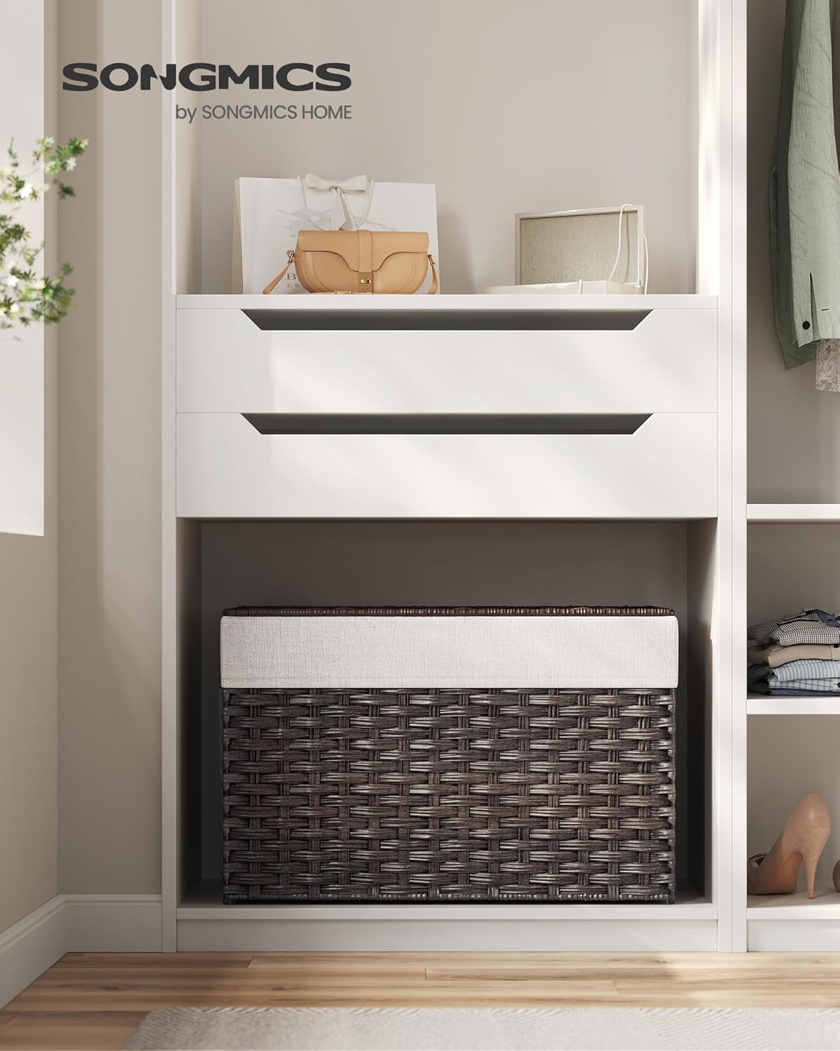 SONGMICS Storage Basket with Lid, Woven Blanket Storage Bin with Handles, Foldable, Removable Liner, Metal Frame, for Bedroom, Laundry Room, 27.7 Gallons (105 L), Brown URST066K01