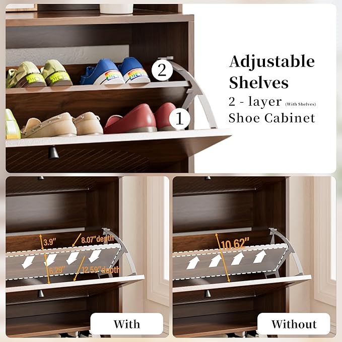 Shoe Cabinet for Entryway with 2 Flip Drawers & Coat Rack, Narrow Hidden Shoe