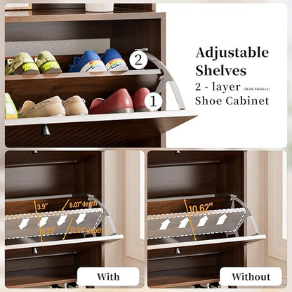 Shoe Cabinet for Entryway with 2 Flip Drawers & Coat Rack, Narrow Hidden Shoe