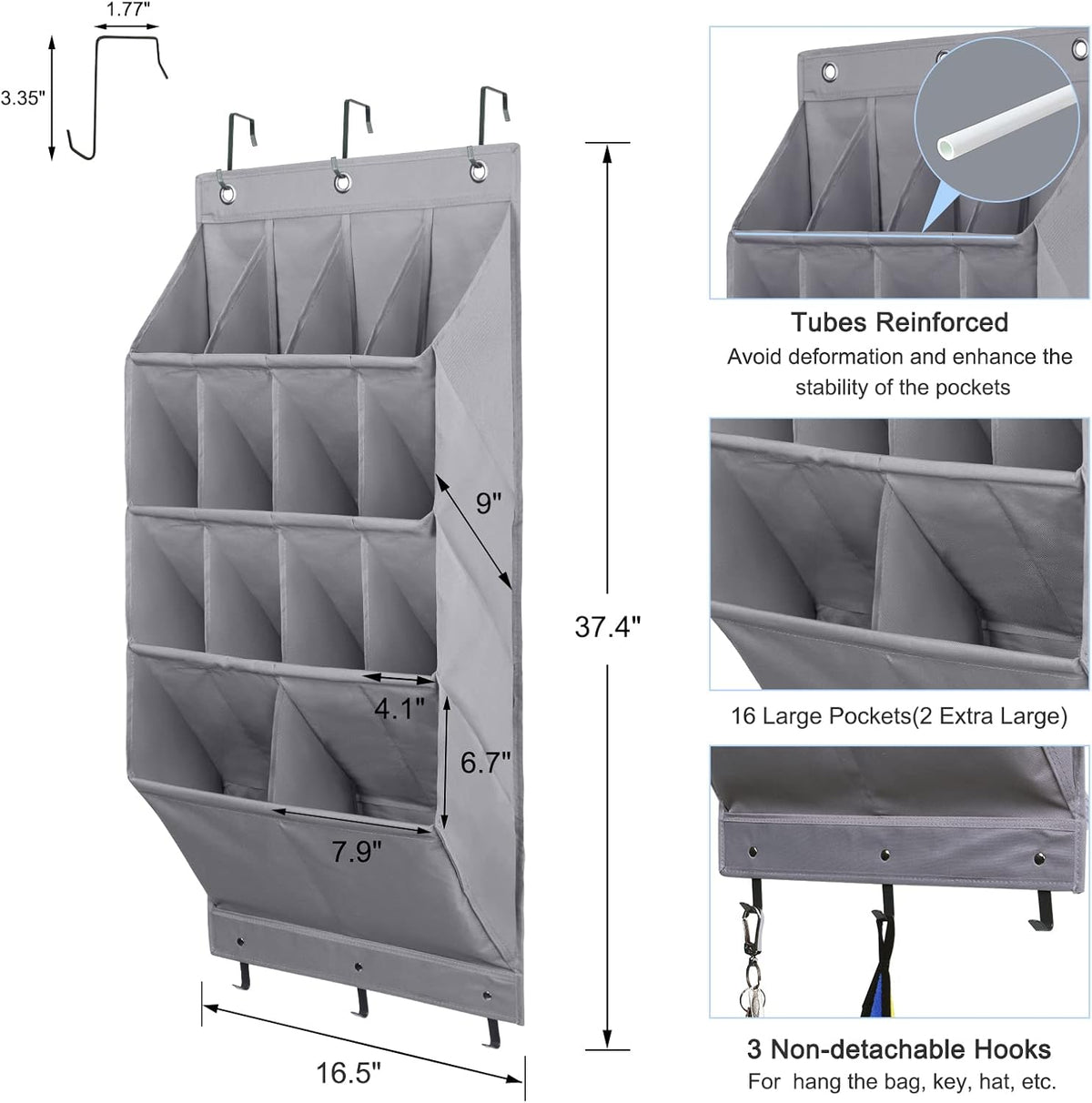 FENTEC 2 Pack Over the Door Shoe Organizer, Hanging Shoe Organizer Rack,24 Large Pockets and 4 Larger Storage Various Compartments with 6 Hooks, Home Accessories, Grey