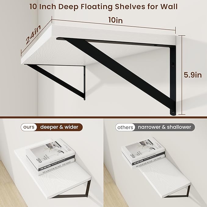 Axeman Deep Floating Shelves | 24 Inch White Wall Shelves Set of 2 | 10 Inch