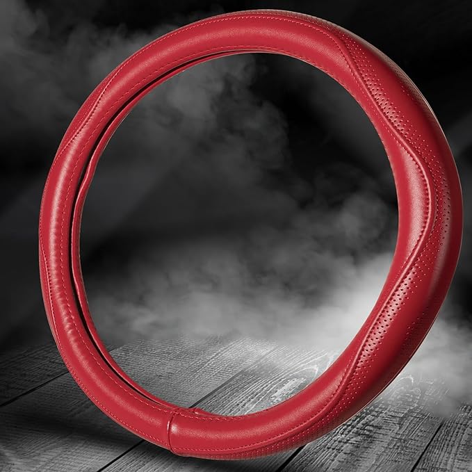 HAOKAY Top Grade Red Genuine Leather Steering Wheel Cover Women, Luxury Steering Wheel Cover for Cars, SUVS and Trucks，Universal 14.5-15 inch