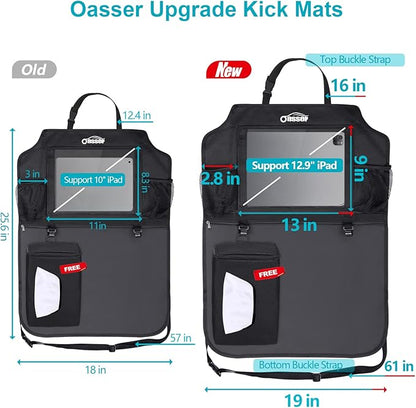 Oasser Seat Back Protector Kick Mats 12.9" I pad Holder 2 Pack XL with 1 Tissue Box Car Seat Organizer Back of Seat Protector Clear 2 Large Car Organizers and Storage