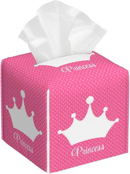 POIUBLE Leather Tissue Box Holder Pink Princess Crown Tissue Box Cover Square Waterproof Tissue Holder Organizer Modern Napkin Holder for Bedroom Dresser Night Stand Office Desk