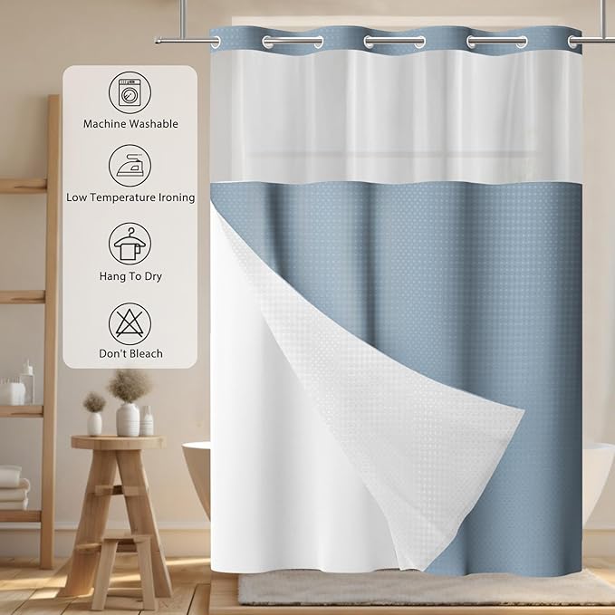 GICDSU No Hook Shower Curtain with Snap in Liner, Waffle Shower Curtain Set for Bathroom, Hotel Style with Semi-Sheer Top Window, Waterproof & Washable, Fog Blue, 71" W x 80" L
