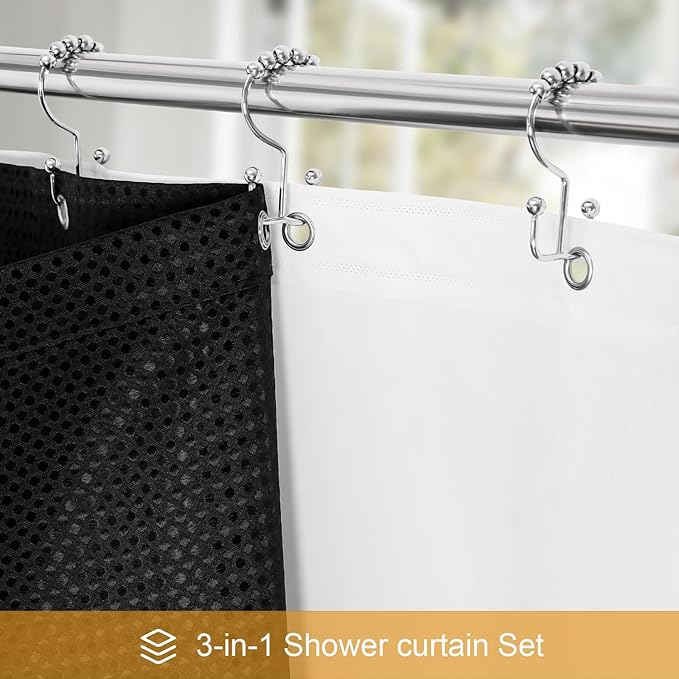 Craidlela 3 in 1 Shower Curtain Set, Black Waffle Shower Curtain and PEVA Liner Set with 12 Stainless Steel Shower Curtain Hooks, Waterproof Fabric Shower Curtains for Bathroom, 72 W x 72 H