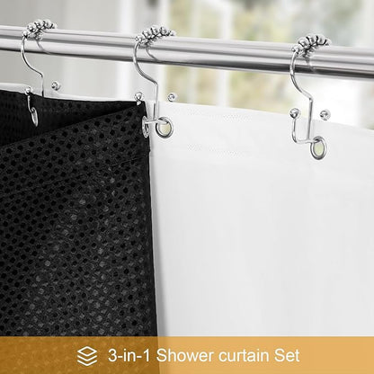 Craidlela 3 in 1 Shower Curtain Set, Black Waffle Shower Curtain and PEVA Liner Set with 12 Stainless Steel Shower Curtain Hooks, Waterproof Fabric Shower Curtains for Bathroom, 72 W x 72 H