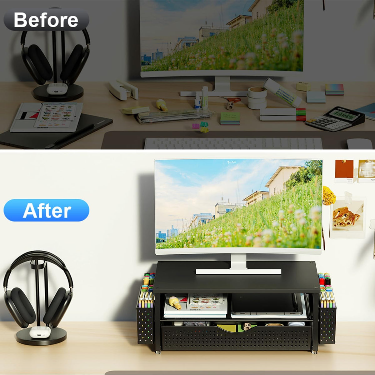 Spacrea Desk Organizer and Accessories, Computer Monitor Stand Riser with Drawer and 2 Pen Holders, Office Desk Accessories & Workspace Organizers for Office Supplies (Black)