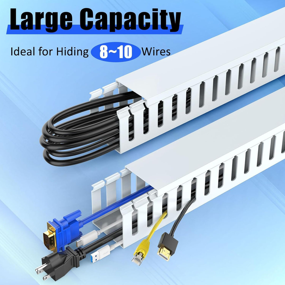 Wire Duct Kit, Open Slot Cable Management Raceway, 123in Track Desk Channel, Cord Cover Wiring, Cable Raceway Kit to Hide Wall Mount TV Cables - 8x15.4in X 1.97in X 1.97in