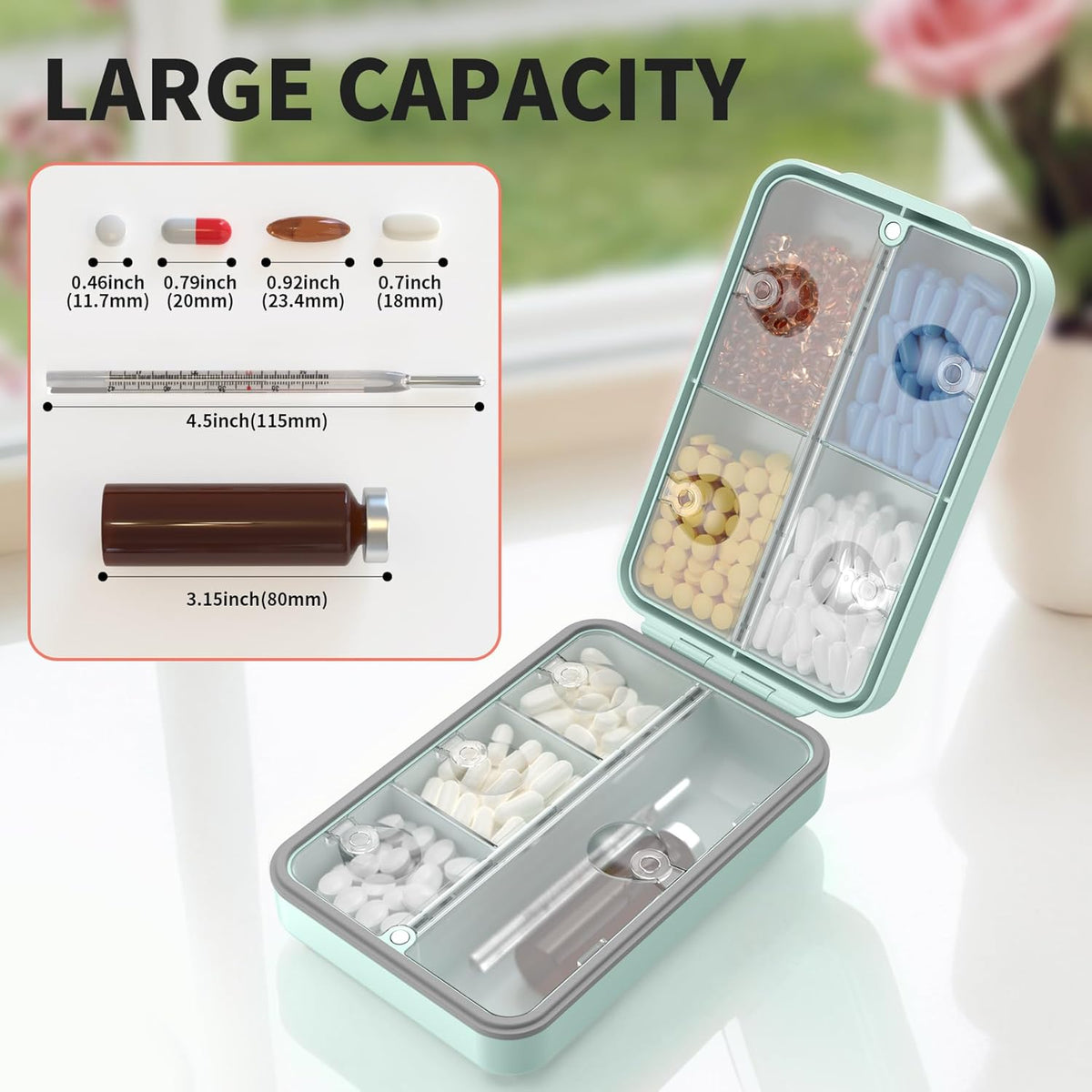 Restree Weekly Pill Organizer, Magnetic Moisture Proof Pill Case, Large Capacity Travel Pill Box with Inner Clear Lid for Vitamins, Supplements, and Daily Medications 8 Compartment (Green)