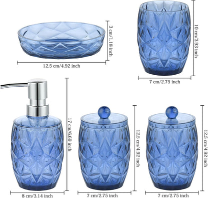 Modern Shatterproof Acrylic Cobalt Blue Bathroom Accessories Set – 5-Piece Glass-Free Vanity Set with Soap Dispenser, Toothbrush/Makeup Brush Holder, 2 Cotton Jars with Lids, and Soap Dish