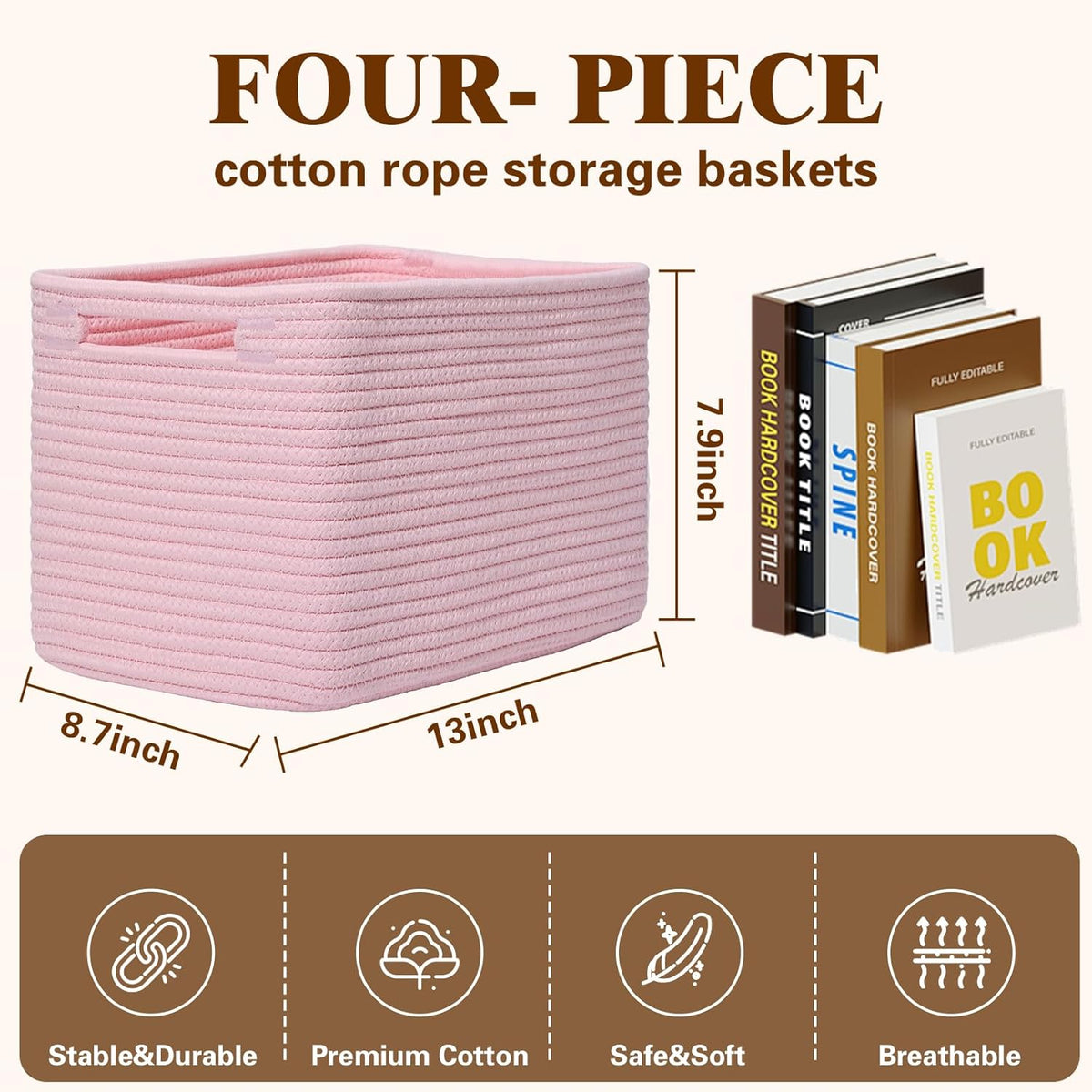 Storage Baskets for Organizing, 4 Pack Storage Baskets for Shelves, Woven Basket for Shelves, Closet Organization, Rectangle Organizer Basket Gifts Empty, 13"Lx8.7"Wx7.9"H Decorative Bins with Handles