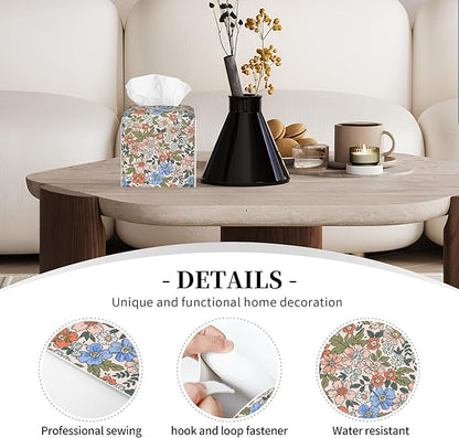 POIUBLE Vintage Floral Tissue Box Cover Leather Tissue Box Holder Square Facial Paper Organizer Dispenser for Bathroom Kitchen Bedroom Vanity Countertop Night Stands