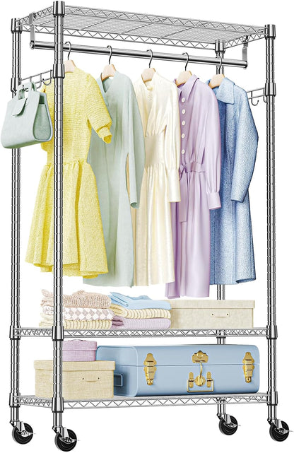 IZEUK Heavy Duty Rolling Garment Rack with 3 Adjustable Wire Shelves, Hanging Rod & Side Hooks - Mobile Clothes Rack with Wheels, 29.5" W x 15.7" D x 75" H,Chrome