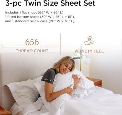 Threadmill Supima Sheet Set | 656 Thread Count Sheets for Twin Mattress | Solid Sateen Bed Sheets Set with 16” Deep Pocket | Soft Breathable 3-Piece Cooling Sheet Set | White Sheets