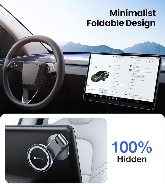 VICSEED Tesla Phone Mount【Strongest Magnet Power】Foldable Hidden Tesla Phone Holder Fit for All Phone, Tesla Model 3 Model Y for MagSafe Car Mount, Tesla Model 3 Accessories, Tesla Model Y Accessories