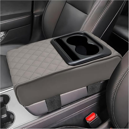 Car Center Console Armrest Pillow, Leather Auto Arm Rest Cover Protector with Cup Holder and Phone Holder, Memory Foam Armrest Cushion for Most Vehicles (Gray, Diamond Pattern)