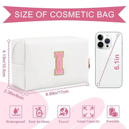 Personalized Makeup Bag Initial A-Z Preppy Patch Bag,Small PU Leather Travel Cosmetic Bag Pouch with Zipper,White Cute Toiletry Bag,Gift Ideal for Teen Girls Women Birthday Friend Mom,Letter I