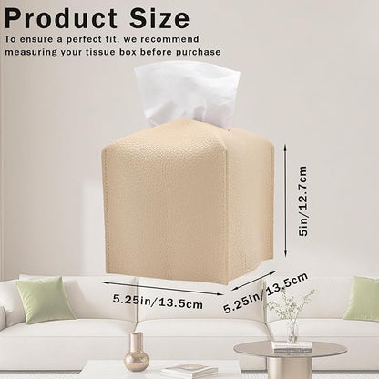 Hapforever 1PC Square Tissue Box Cover, PU Leather Square Tissue Box Holder with Bottom Belt Modern Tissue Box Organizer for Bathroom/Car/Hotel/Office (5.25”x5.25”x5”, Beige)