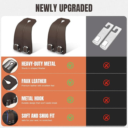 2PCS Car Hooks for Headrest, Faux Leather Purse Hook for Car Seat Back Organizers and Storage, Double Metal Purse Holder Bag Hanger, Universal Car Interior Accessories for Women Man