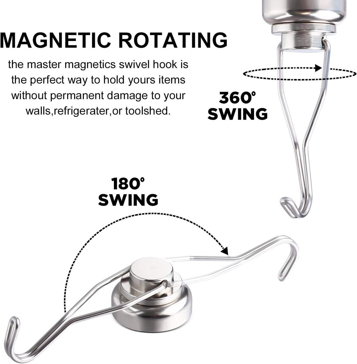 MIKEDE Magnetic Hooks Heavy Duty, 60 lb+ Strong Swivel Swing Neodymium Magnetic Hooks for Hanging, Strong Magnet Hanger for Cruise Cabins, Locker, Toolbox, Home, Kitchen - Pack of 10