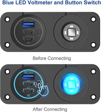 Upgraded 78W 3 Port 12V 24V USB Outlet Cigarette Lighter Socket Panel, Dual 30W PD and QC3.0 Multi Port Cylinder Charger with Button Switch and 150W Lighted Socket 2 in 1 DIY Kit for Car Boat RV, etc.
