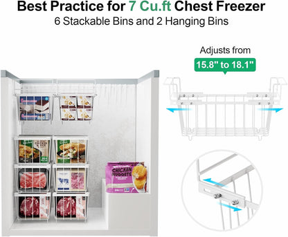 iSPECLE Freezer Organizer Bins - Expandable from 15.8" to 18.1", Fit 7 Cu.Ft Deep Freezer, Hanging Baskets for Chest Freezer, Easy Slide Access, 2 Pack, White