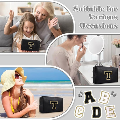 Personalized Initial A-Z Preppy Patch Makeup Bag,Small PU Chenille Letter Cosmetic Bag with Zipper for Teen Girls,Black Cute Toiletry Organizer Bag,Monogram Makeup Case Gift for Women Girls,Letter T