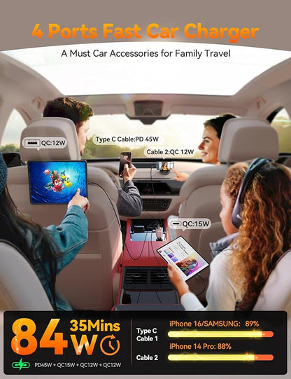 [2026 Upgrade] Retractable Car Charger 84W Car Charger USB C for iPhone 17 16 Fast Charging, Pink Car Accessories, Car Phone Charger Adapter for iPhone 17 Air 16 15 Pro Max, Pixel