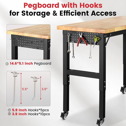 Workbench for Garage 48 Inch Work Bench with Wheels Adjustable Height Work Bench with Pegboard, Power Outlets for Woodworking, Home, Office, Workshop