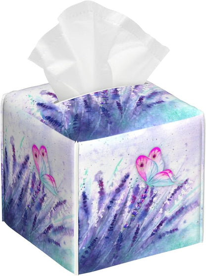 Purple Lavender and Butterfly Tissue Box Cover Square,Watercolor Lavender Flowers Tissue Box Holder Waterproof Leather Facial Paper Organizer Dispenser for Bathroom Home Car Nightstand Vanity Desk
