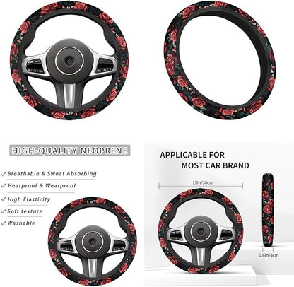 Rose Flower Print Car Steering Wheel Cover for Women 6pcs Car Interior Decor Set Handbrake Cover Cup Coaster Universal Fit Auto,Suvs,Truck