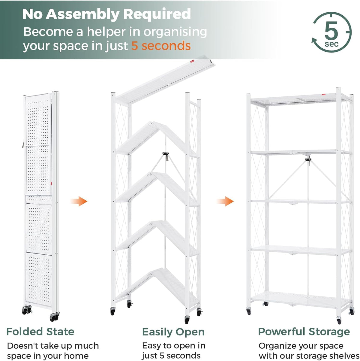 DEANIC 5 Tier Foldable Storage Shelves with Wheels, Large Capacity Shelving Unit, Freestanding Metal Wire Shelf Rack, No Assembly Organizer Rack for Garage Kitchen, Basement, Pantry(White)