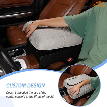 Aunginsy Leather Center Console Armrest Cover Compatible with Toyota Tundra 2014-2021, Car Middle Console Cushion Lid Pad Waterproof Protector, Armrest Seat Box Cover with Storage Bag Accessories