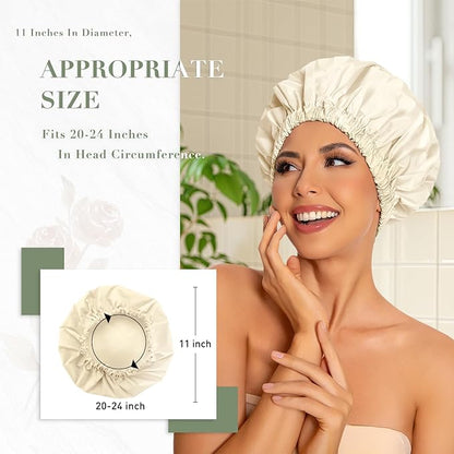Reusable Shower Cap for Women, Large Waterproof Shower Essentials Bonnet Washable Elastic Band Bath Hair Wrap Hat for Long Hair, Braids(Champagne)